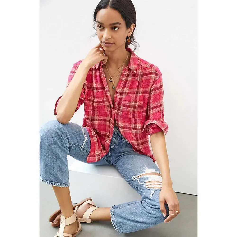 Pilcro Oversized Pink Plaid Seamed Buttondown Tunic Top Size XS - Picture 2 of 13